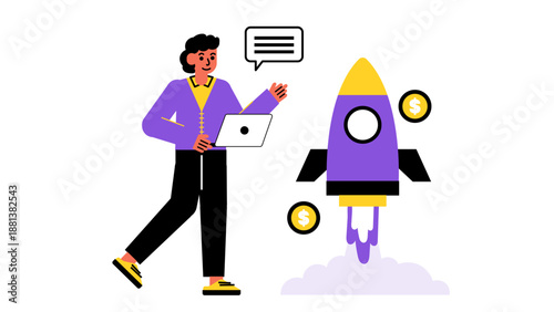 A male entrepreneur standing with a laptop next to a purple rocket launching into the sky representing a new company launch