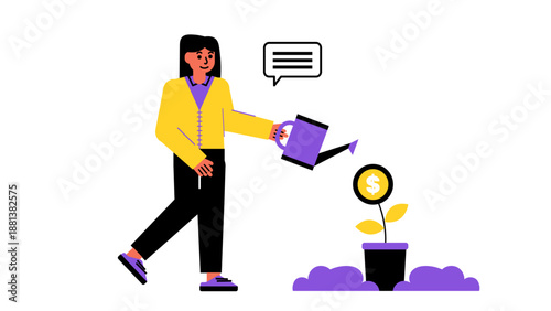 A woman watering a plant that grows a gold coin representing financial growth and long-term investment strategy
