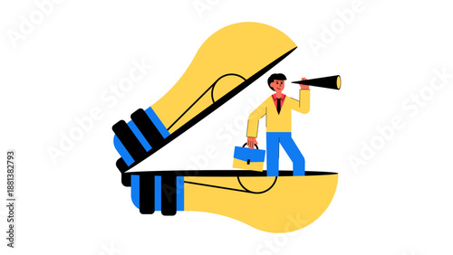 A businessman standing inside a giant opened light bulb while looking through a telescope to find new opportunities and long-term vision