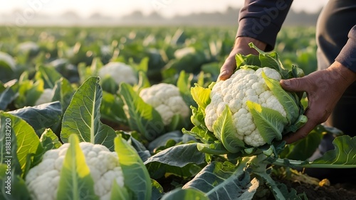 Farmer harvesting cauliflower in a lush green field on a sunny day