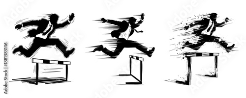 Set Of Businessman Silhouettes Jumping Over Hurdle Obstacles With Speed Motion Lines Illustration