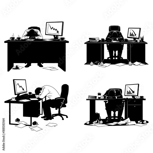 Set Of Stressed Businessman Silhouettes Sleeping On Desk With Falling Graph Monitor Financial Crisis Concept