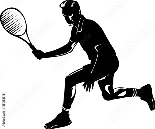 Silhouette Tennis Player Hitting Forehand Shot.