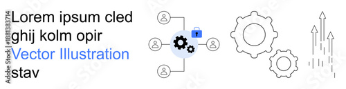 Workflow efficiency, teamwork, innovation, cybersecurity, data flow, growth. Network of users, gear icons and upward arrows . Workflow efficiency and teamwork concept