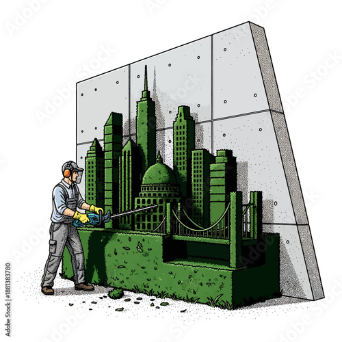 Gardener Sculpting City Skyline Shape From Hedge Bush Eco Green City Concept Illustration