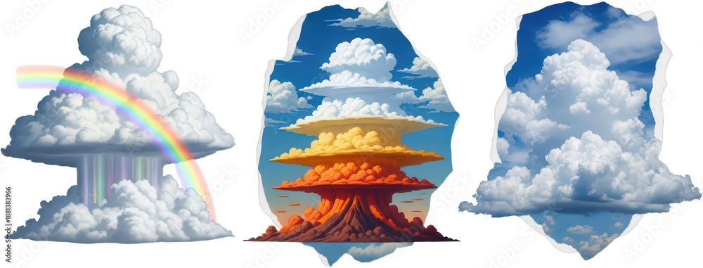 Naklejka premium A collection of three distinct cloud formations featuring a rainbow with colorful rain a layered atmospheric storm structure and a large cumulus pileus against blue sky weather transparent background