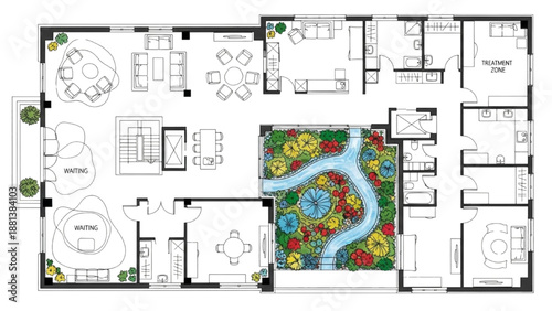 High-quality black continuous line art of a healthcare clinic top-view floor plan with waiting, treatment, and staff zones, colorful indoor garden and water path, medical facility illustration
