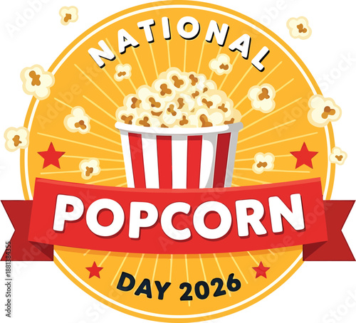 National popcorn day celebration logo with popcorn bucket and red banner high-quality professional detailed modern