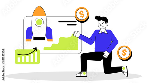 An individual pointing at a screen showing a rocket ship launching alongside a rising growth curve and financial currency symbols