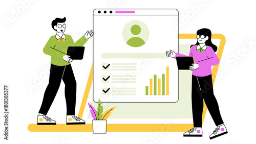 Two professionals reviewing a detailed employee profile or candidate resume on a large digital screen