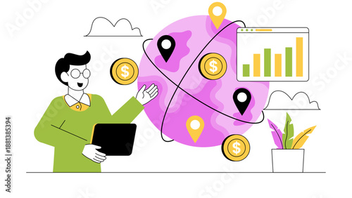 A professional man presenting global business connections on a world map with currency icons and data charts