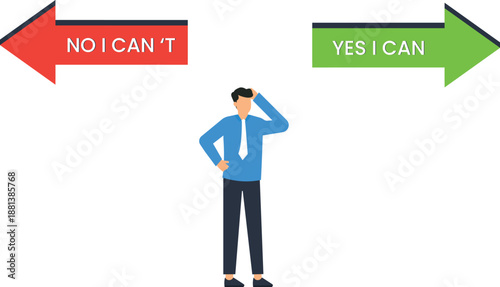 Businessman facing difficult decision making between positive thinking negative thinking, choosing future direction, motivational concept, self confidence, career choice, flat design dilemma