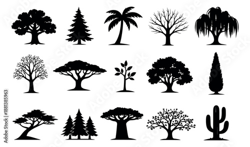 Silhouette tree set featuring various tree species for landscape design elements