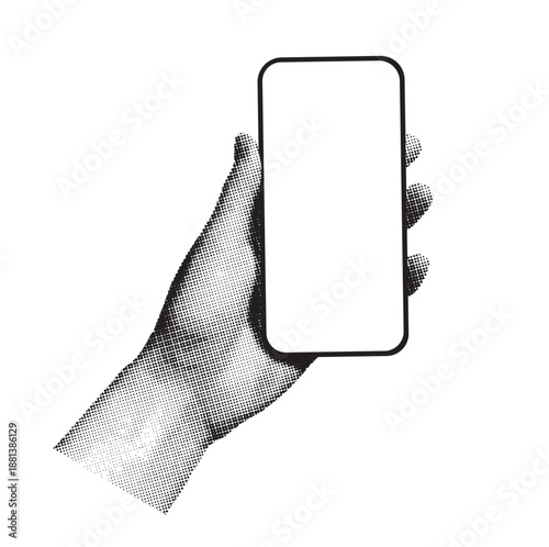 Hand holding a smartphone, modern vector collage in a halftone black and white style. Minimalist pop art illustration, conceptualizing technology, communication, and modern life.
