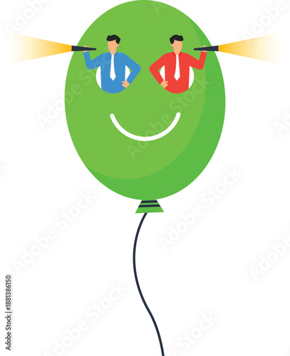 Green balloon happy face two businessmen looking through searching forward bright future business vision corporate strategy success metaphor flat design exploration concept