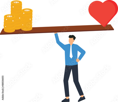Businessman balancing money stacks red heart life balance financial priorities work commitment wealth health career success business concept ethical choice personal values difficult decision