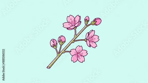 A minimalist vector illustration of a cherry blossom branch with pink flowers and buds on a light blue background
