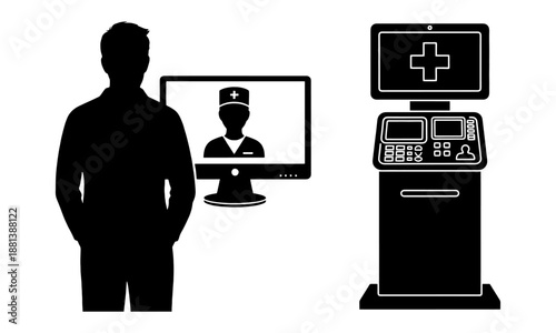 Telehealth kiosk & virtual consultation flat vector icon