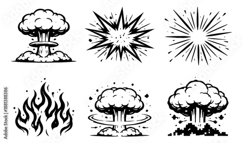 Comic style explosion elements set featuring mushroom clouds, starbursts, and fire for game design and comics