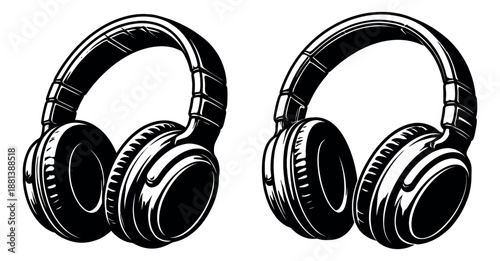 Detailed line art headphones set featuring retro over-ear headsets for music and audio entertainment