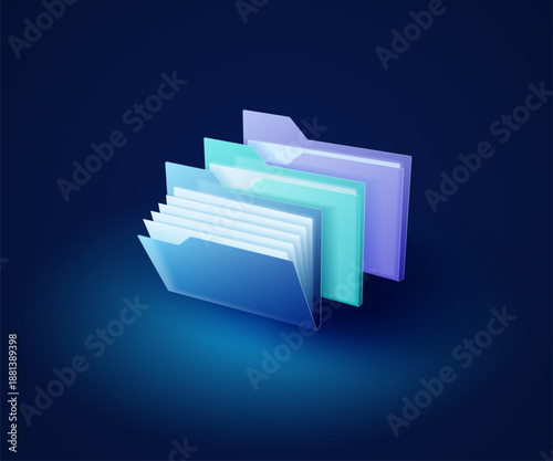 Plastic document folders. A set of plastic folders in various colors. Folders in the Glassmorphism style.