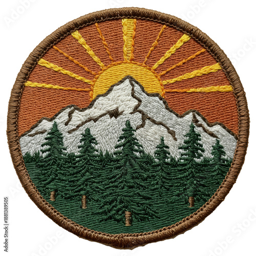 A highly detailed, retro embroidered patch of a mountain and sun isolated on a white background with a visible brown border. concept of nostalgic outdoor adventure