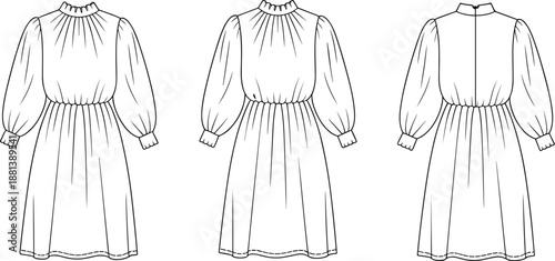 Elegant fashion illustration of puff sleeve dress, ruffled neckline, gathered waist, technical sketch, front and back views