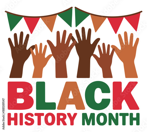 Black History Month Celebration with Diverse Hands Raised Vector on a White Background