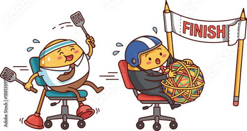 Funny office chair race vector illustration. Two cute egg characters competing in a business race