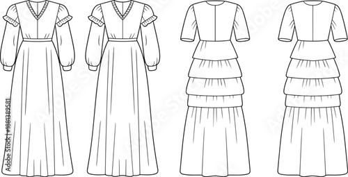 Elegant long dress fashion sketches, technical garment illustration, puff sleeve and tiered skirt design for portfolio, production