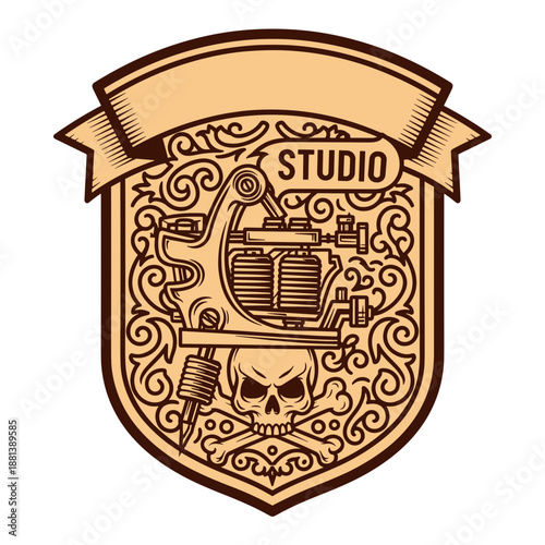 Tattoo studio logo template with tattoo machine and skull, vintage shield badge with ribbon banner and copy space