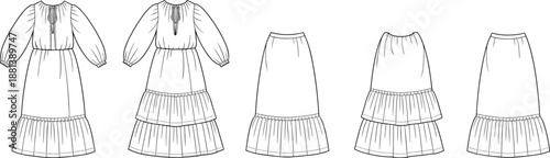 Fashion design sketch, dress and skirt variations, technical illustration, tiered ruffle hem, garment construction, apparel concept drawing