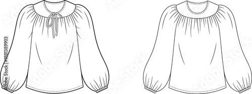 Fashion illustration of puff sleeve blouse design, gathered neckline, round yoke, technical sketch, sewing pattern reference