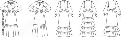 Long sleeve boho dress fashion sketch, gathered skirt, tiered design, puffed sleeves, technical illustration, back and front views