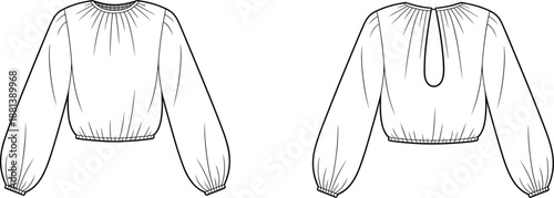 Long sleeve blouse fashion sketch, gathered neckline, voluminous sleeves, keyhole back, technical garment illustration, sewing design reference