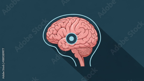 A vector graphic illustration of a human brain with a blue eye in a minimalist design