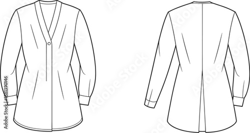 Women's blouse technical sketch, fashion flat drawing, V-neck button top, long sleeves, darts, garment construction illustration