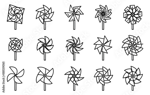 Line art pinwheel icons set featuring diverse designs and shapes for summer festivals and decoration