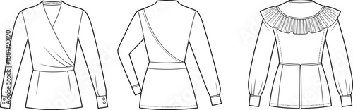 Women's wrap blouse fashion sketch, technical garment illustration, long sleeve design, rear pleated view, sewing pattern reference