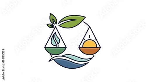A vector graphic illustration of a scale balancing nature and resources in a circular design