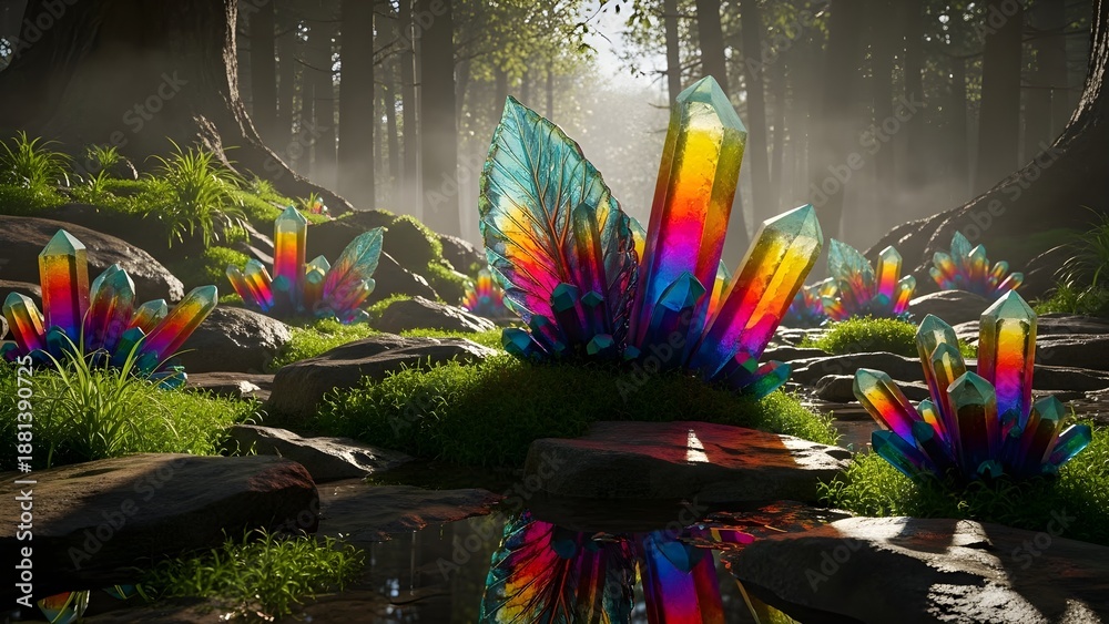 Obraz premium Vibrant, rainbow-colored crystals growing amidst rocks and greenery in a misty forest, with a shallow depth of field and warm, natural lighting.