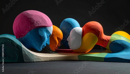Colorful abstract human heads in profile positioned on a wavy surface against a dark background from a low viewpoint