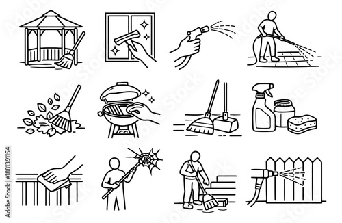 Hand drawn line art outdoor cleaning icons set featuring various home and garden maintenance tasks for household chores