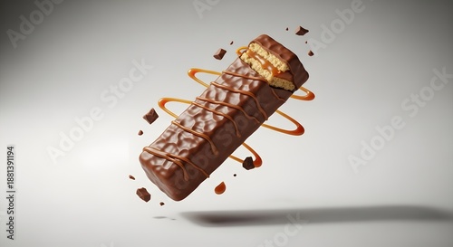 chocolate bar with caramel topping and nuts floating in mid air high quality professional detailed modern elegant stylish clean crisp vibrant colorful digital creative innovative contemporary