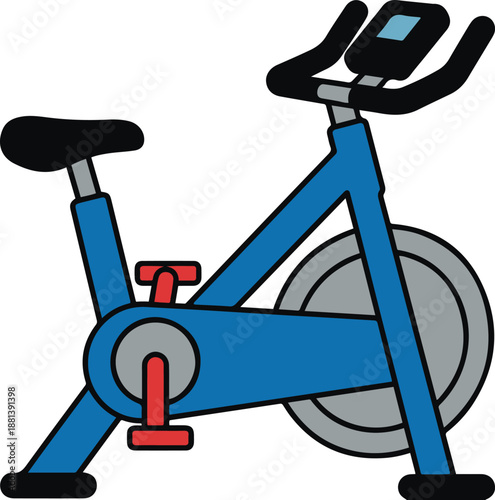 Blue stationary exercise bike vector illustration. Cartoon style fitness equipment for cardio workouts, spinning, and gym training, isolated on white background.