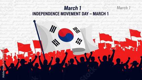 South korean flag waving in a crowd on independence movement day march 1st with silhouettes of people holding flags