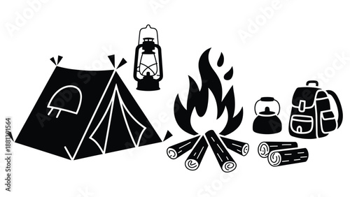 A black and white illustration of camping gear and equipment for outdoor adventure