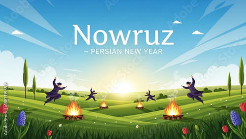 Nowruz celebration with dancing figures in green field fires burning flowers blooming sunny sky