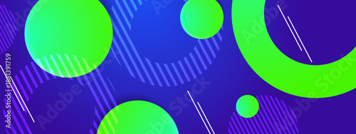 High contrast abstract background with neon green circles and striped patterns on a deep blue gradient