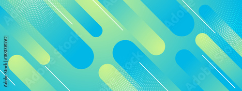 Dynamic background with rounded diagonal shapes and halftone patterns in blue and lime green